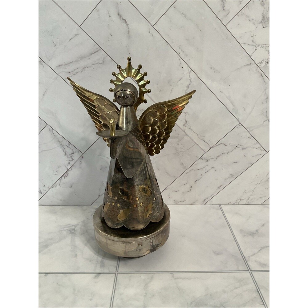 Vtg Silver Plated Revolving Angel Music Box Plays "Gloria" 9"